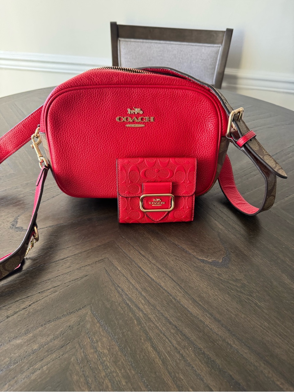 COACH Red Pebbled Leather Crossbody with Signature Strap